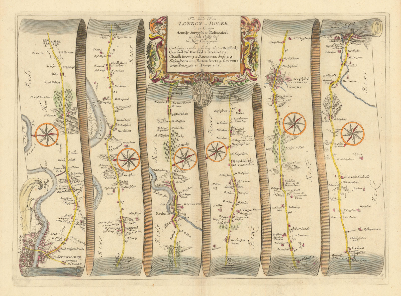 London Greenwich Chatham Sittingbourne Canterbury Dover OGILBY road map #28 1675